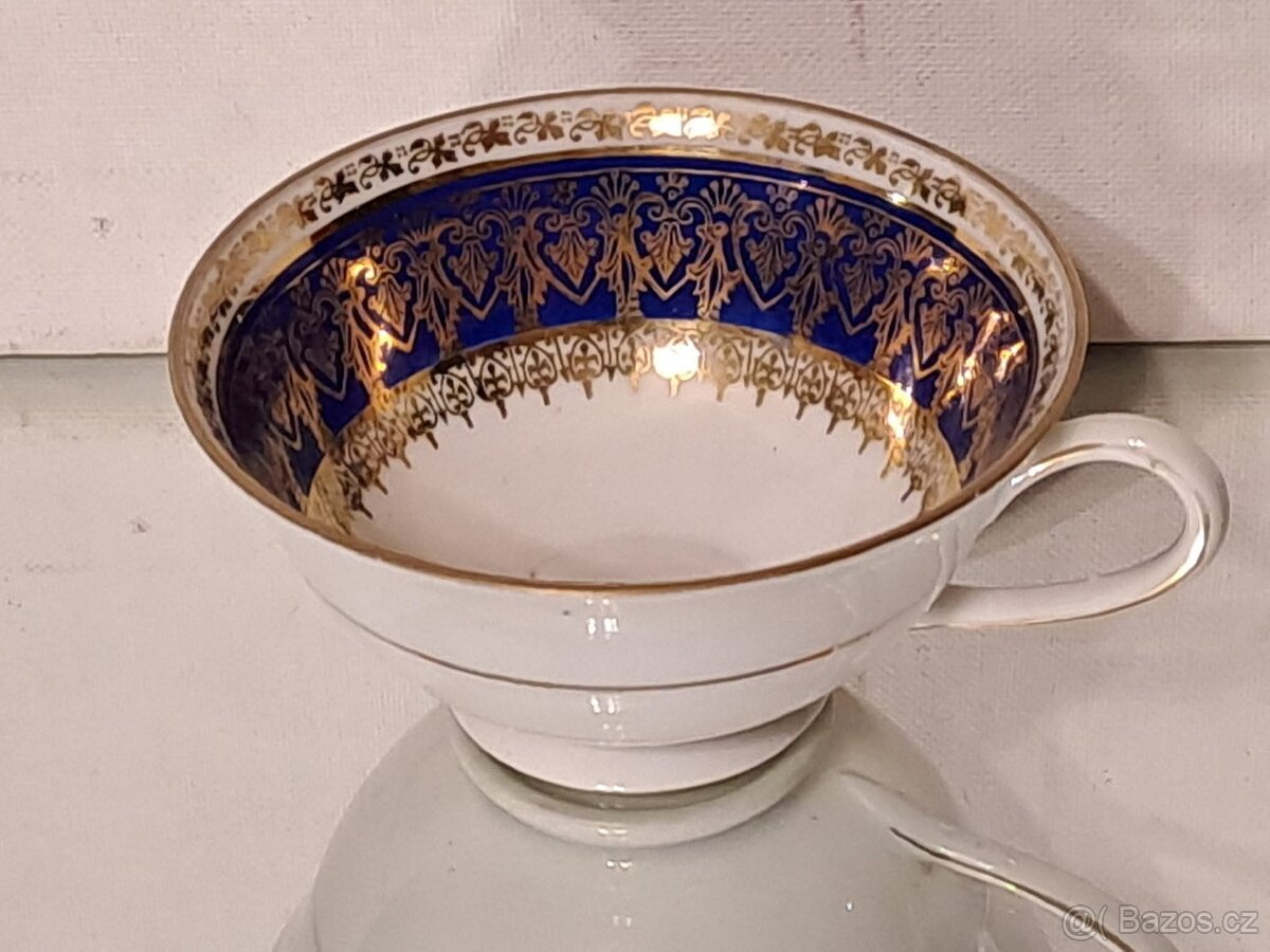 Starožitný hrneček s podšálkem v barvě kobaltové modři - 6