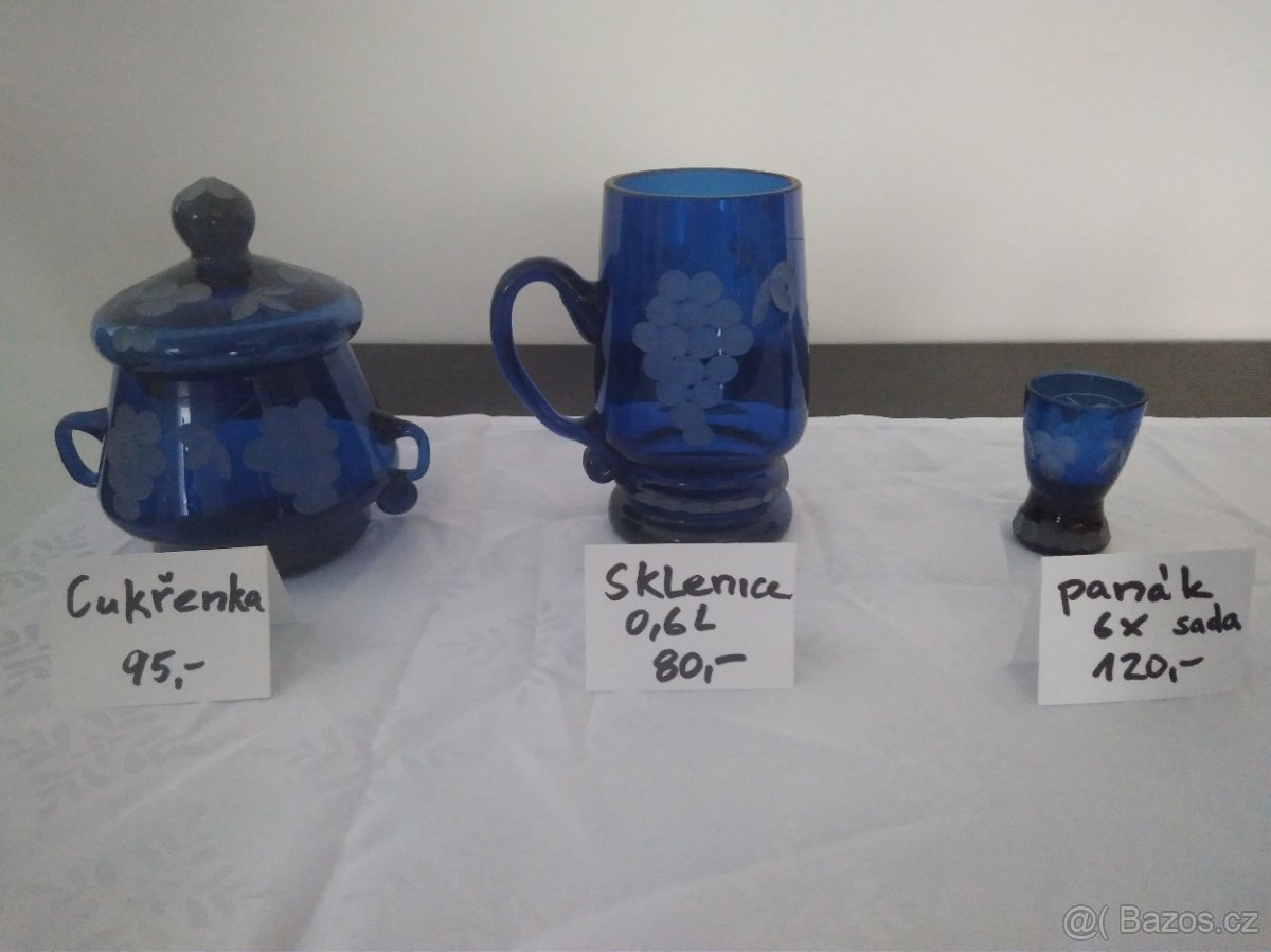Váza, Karafa, cukrenka - modré broušené sklo - 6