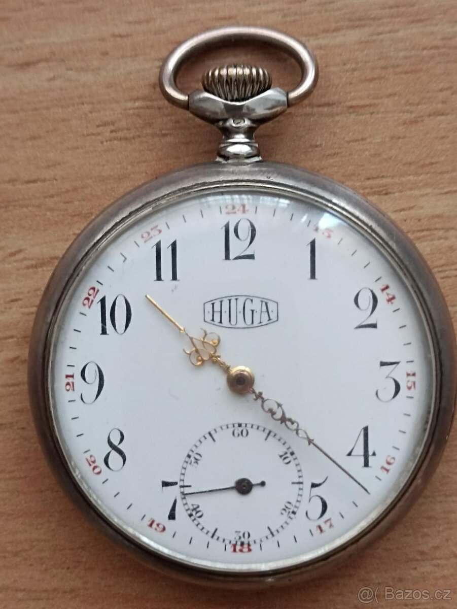 Starožitné stříbrné švýcarské kapesní hodinky "HUGA" - 6