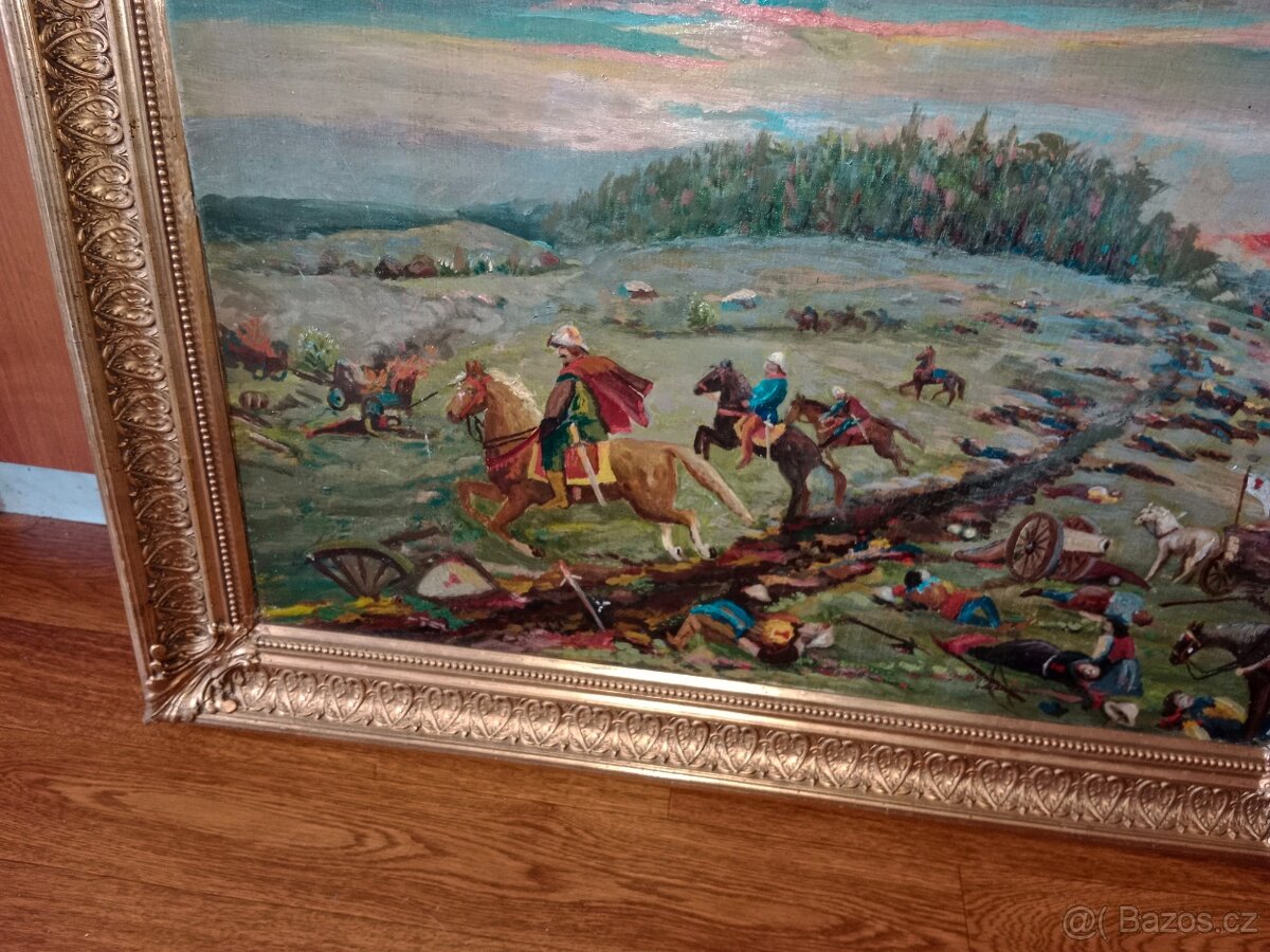 Pěkný,starý obraz-olej- bitva na poli - 6