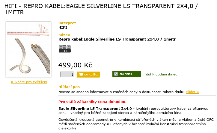 EAGLE CABLE SILVER LINE, Hi-End reprokabel 2 x 4,0 mm - 6