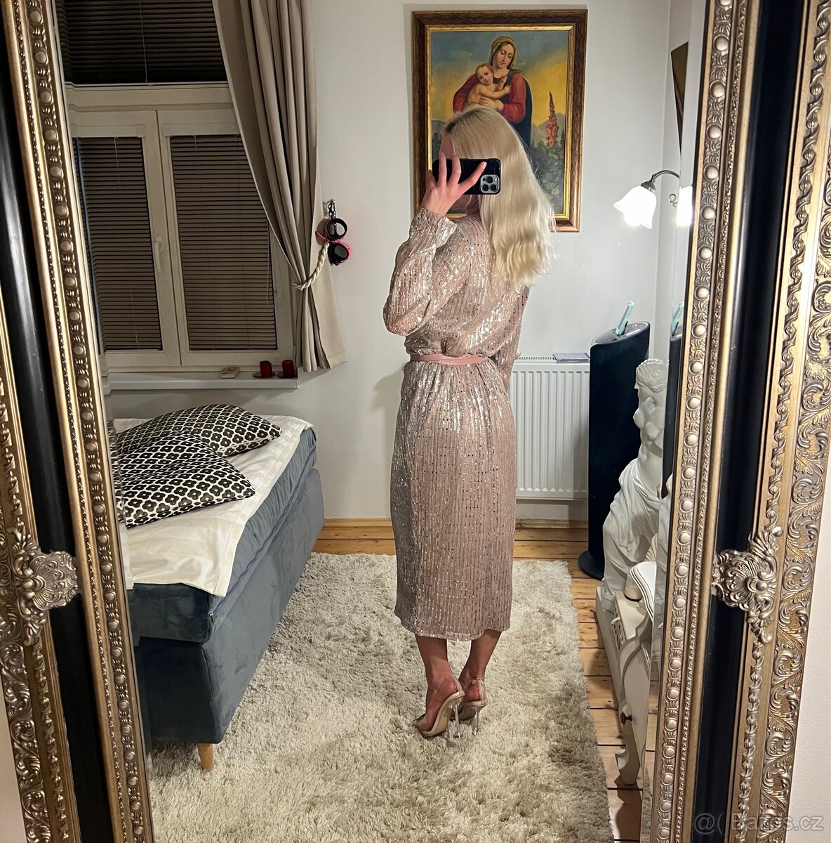 Pudrové midi šaty zn. Lilium s flitry - 6