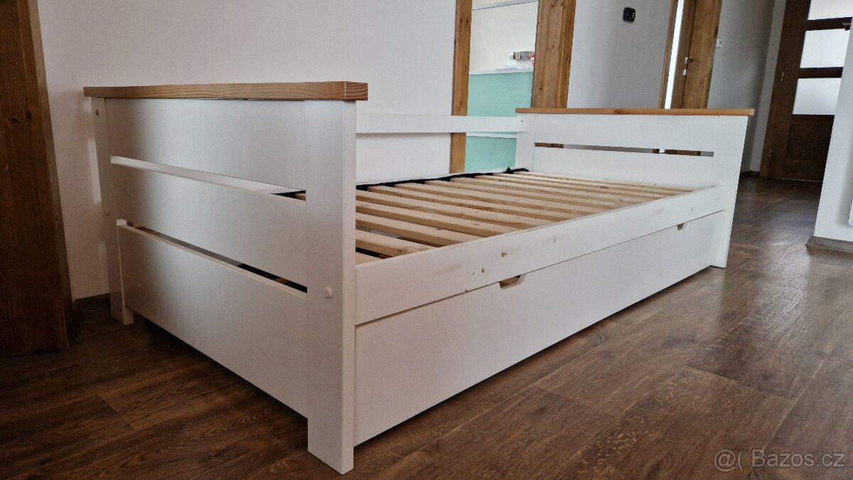 Postel 2v1 – výsuvné dvojlůžko, bílo-dřevěná, 190×180 - 6