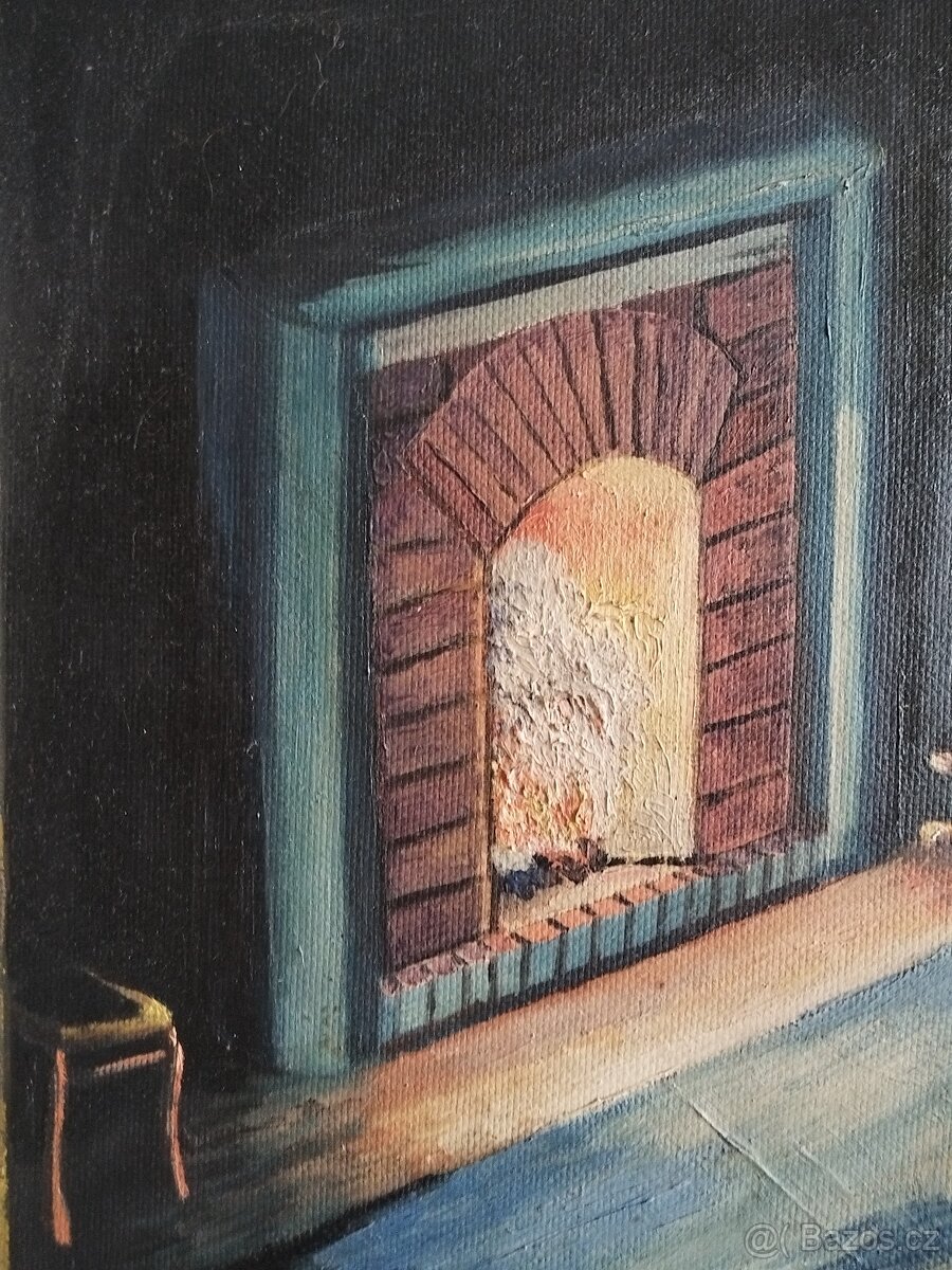 obraz DÍVKA U KRBU, akt, olej, sign. Hájek - 6