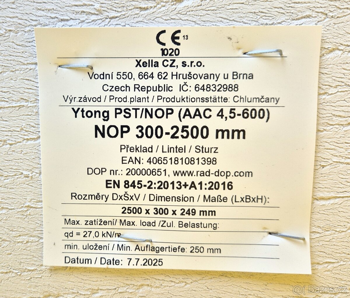 PŘEKLADY YTONG 300x249-1250, 2500 - 6