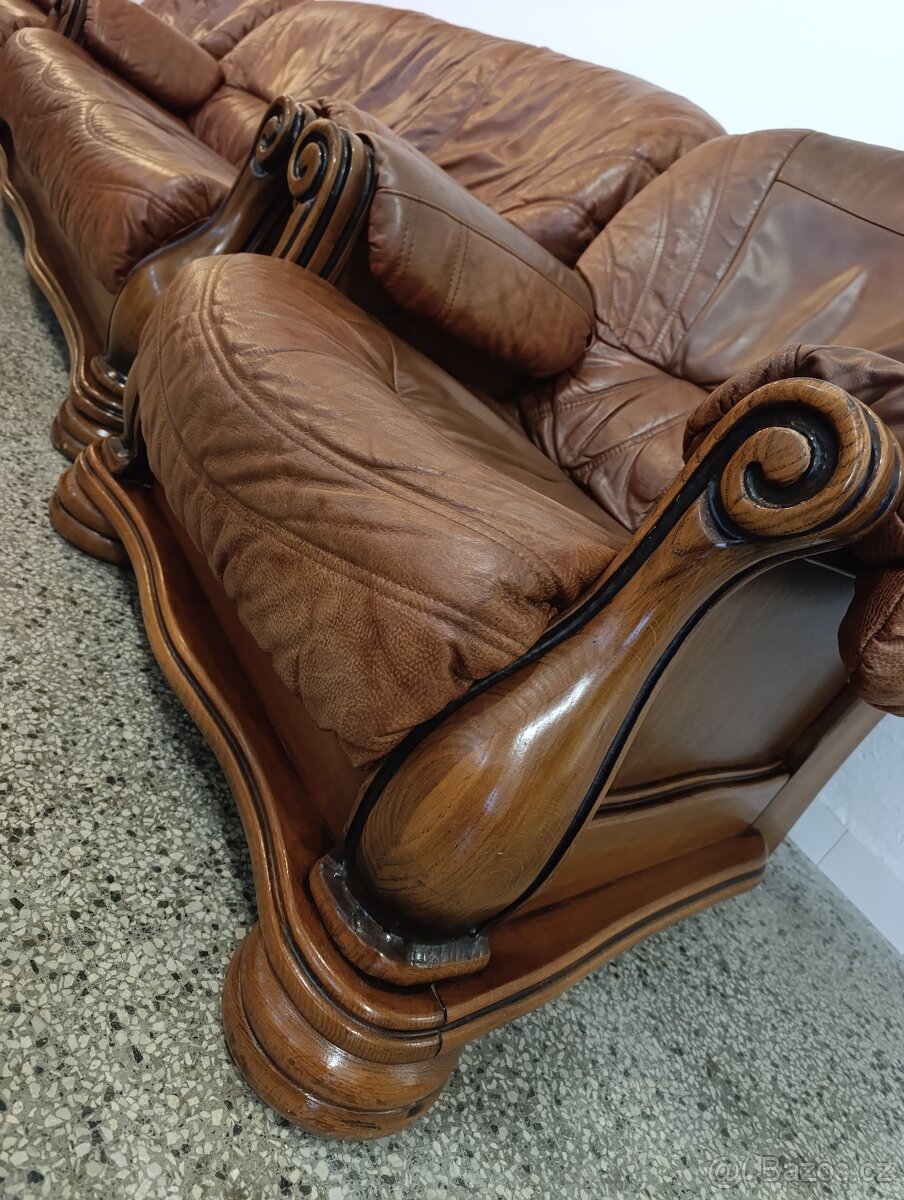 Kožená sedací souprava 3 + 2 + 1, nábytek z masívu - 6