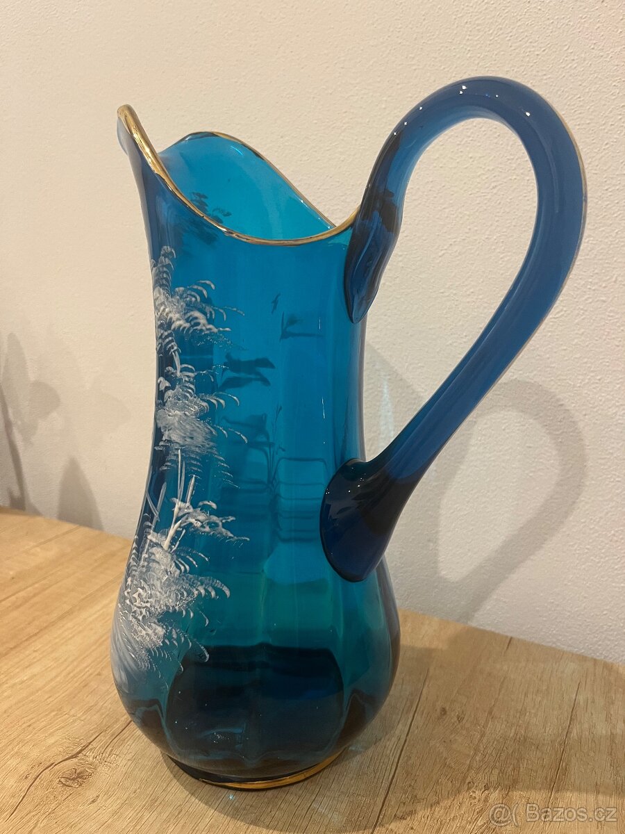 Starožitný modrý džbán s ruční malbou - 6