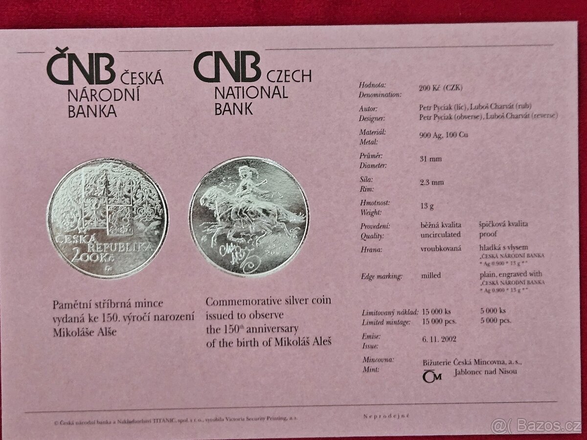 Stříbrná mince 200 Kč 2002 - Mikoláš Aleš, PROOF - 6