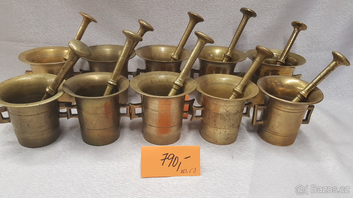 Sbírka mosazných hmoždířu velikosti 3 až 6, i jednotlivě - 6