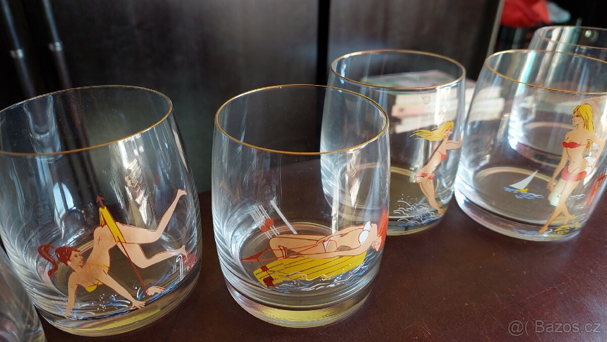 Retro malované sklenice 6 ks, slečny - 6