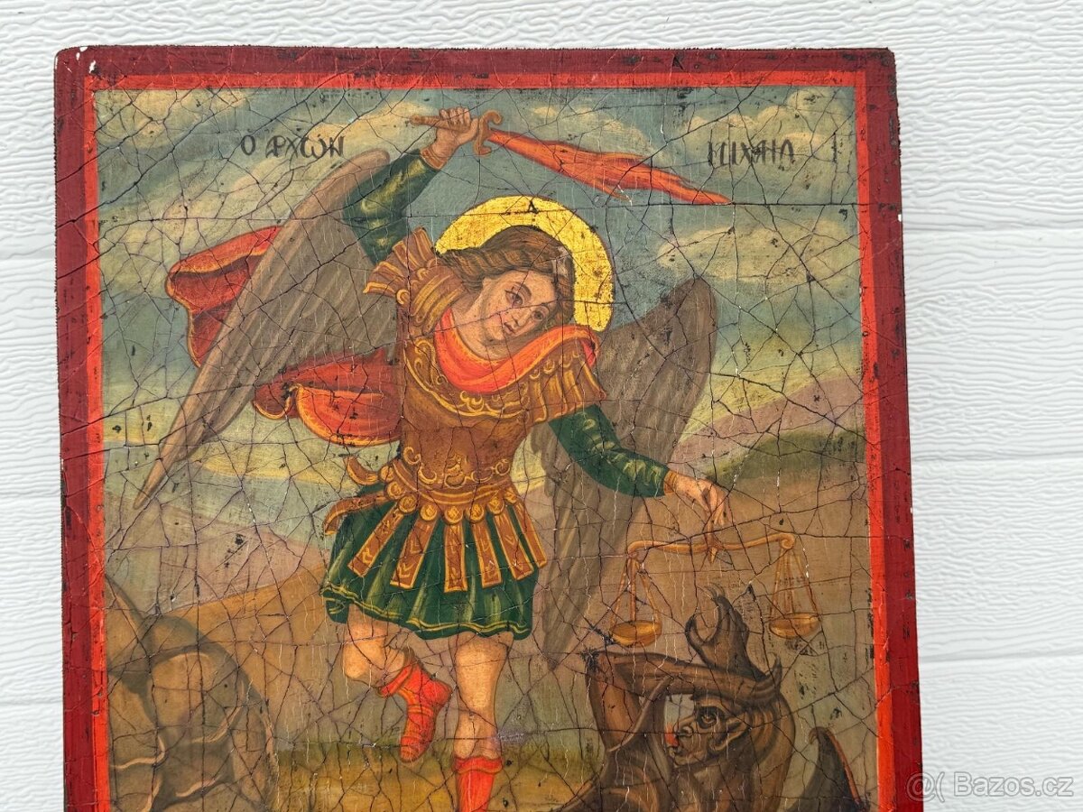 Starožitný XXL malovaný obraz na dřevě Archanděl Michael - 6