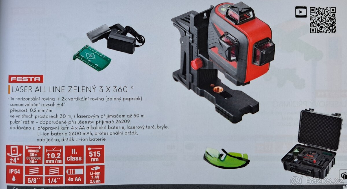 Samonivelační křížový laser, zelený 3x360° - 6
