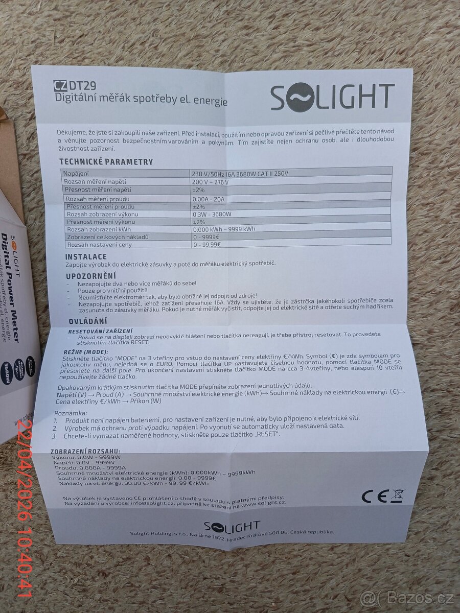 Měřič ele energie zn. Solight - 6