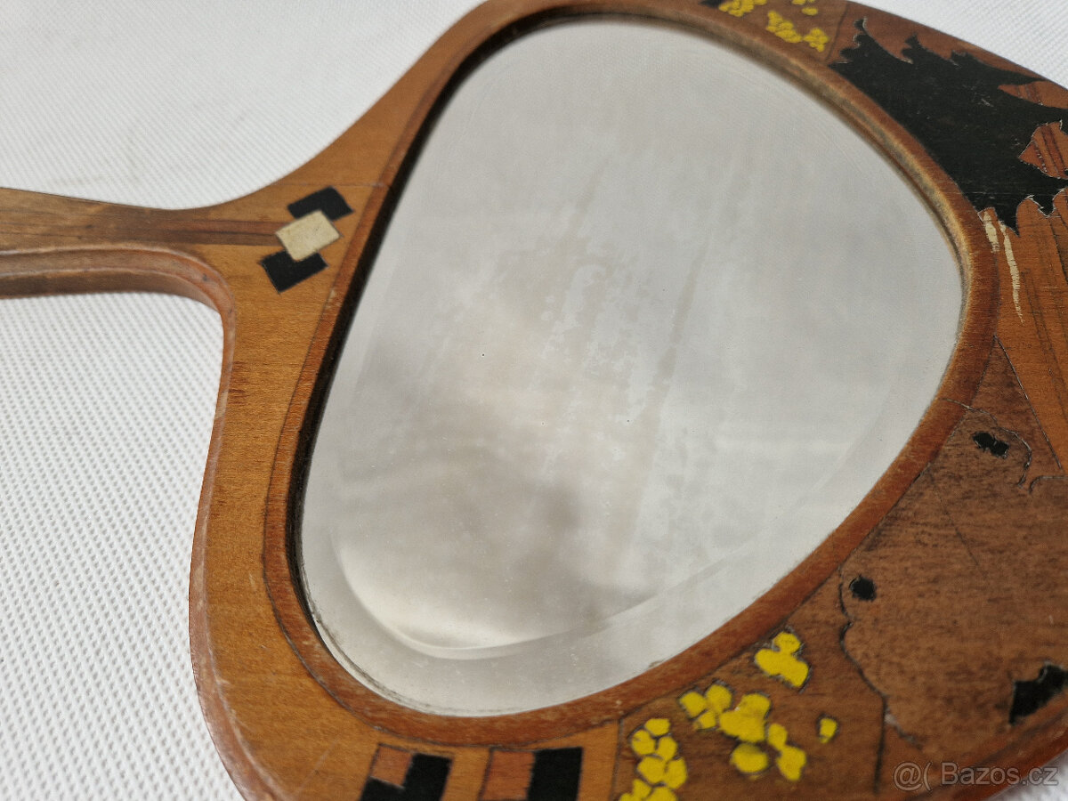 Starožitné secesní dřevěné ruční zrcátko zrcadlo fazetované - 6
