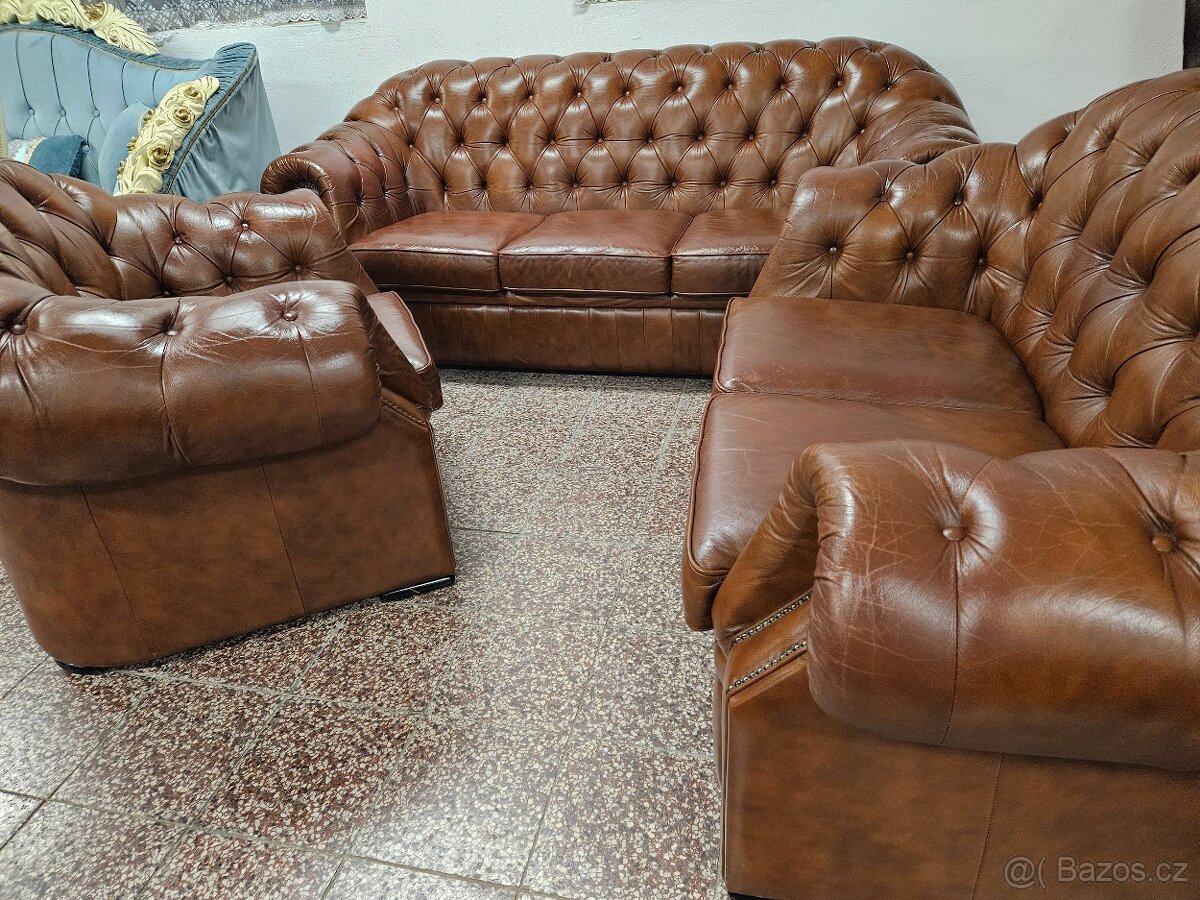 CHESTERFIELD ŠTÝL,HRUBOKOŽENÁ SEDAČKA HNEDÁ - 6