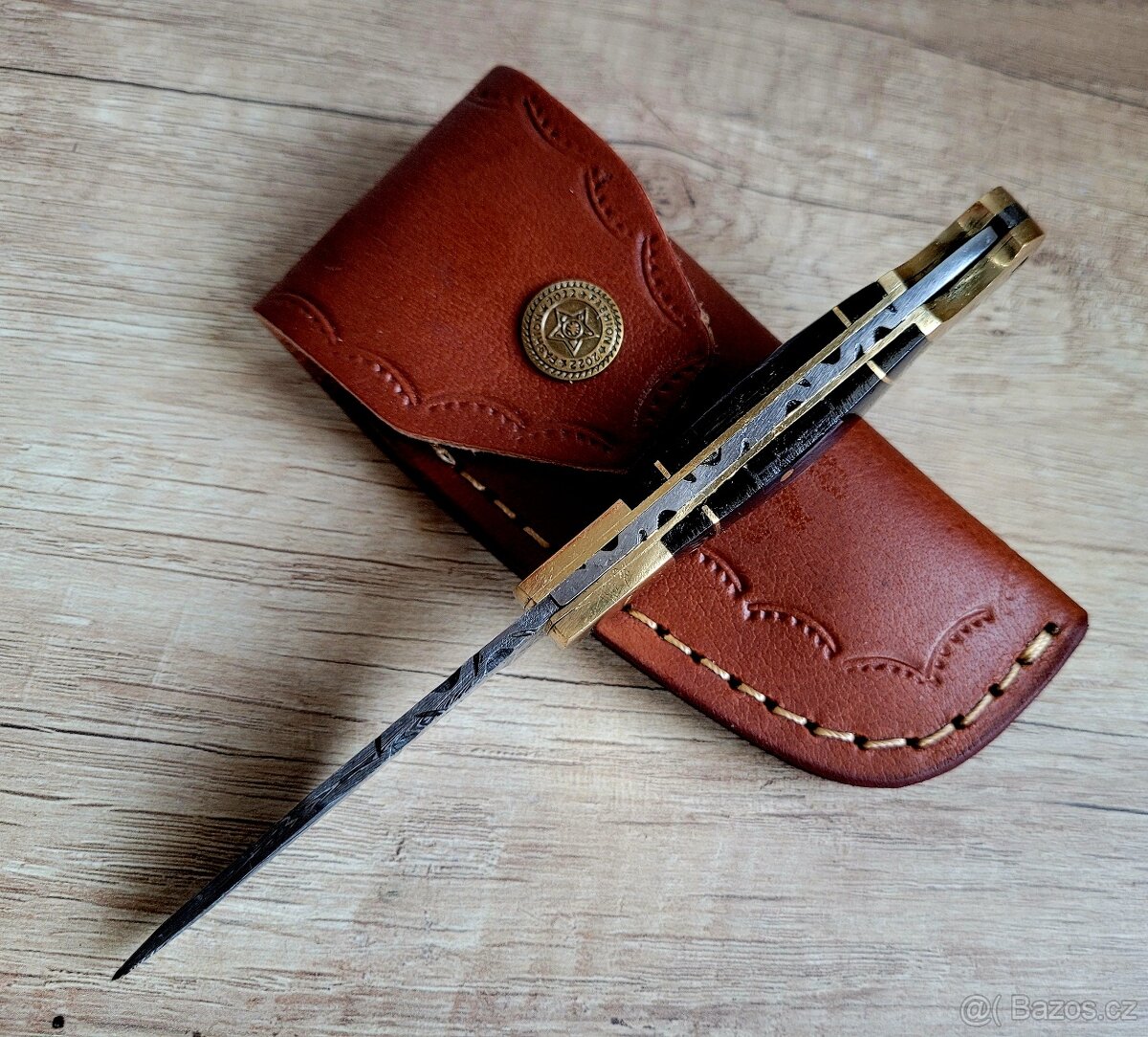 nový černý Damaškový nůž ručně vyrobeno + kožené pouzdro A+ - 6