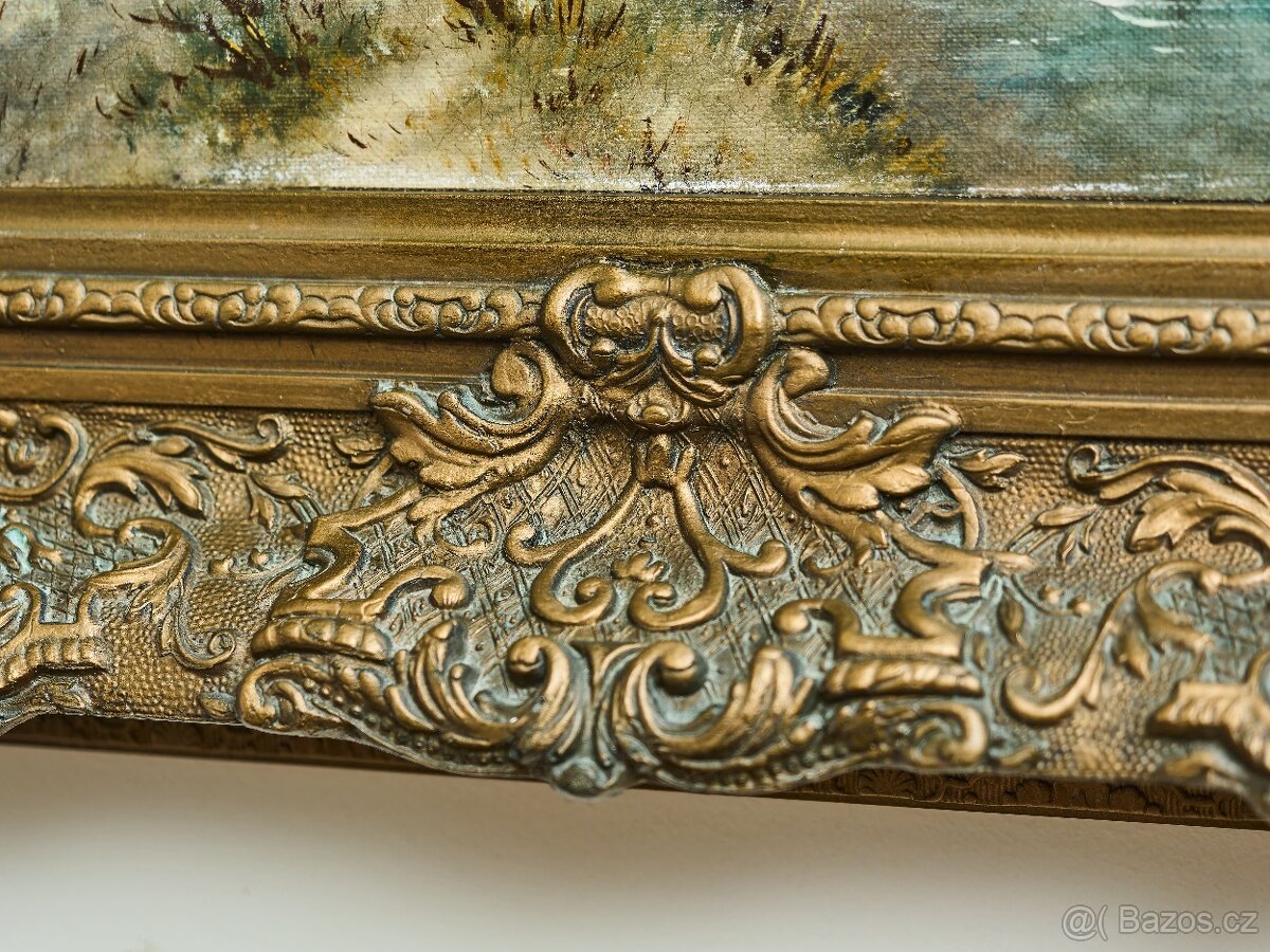 Zimní krajina s postavami na zamrzlé řece, olej na dřevěné d - 6