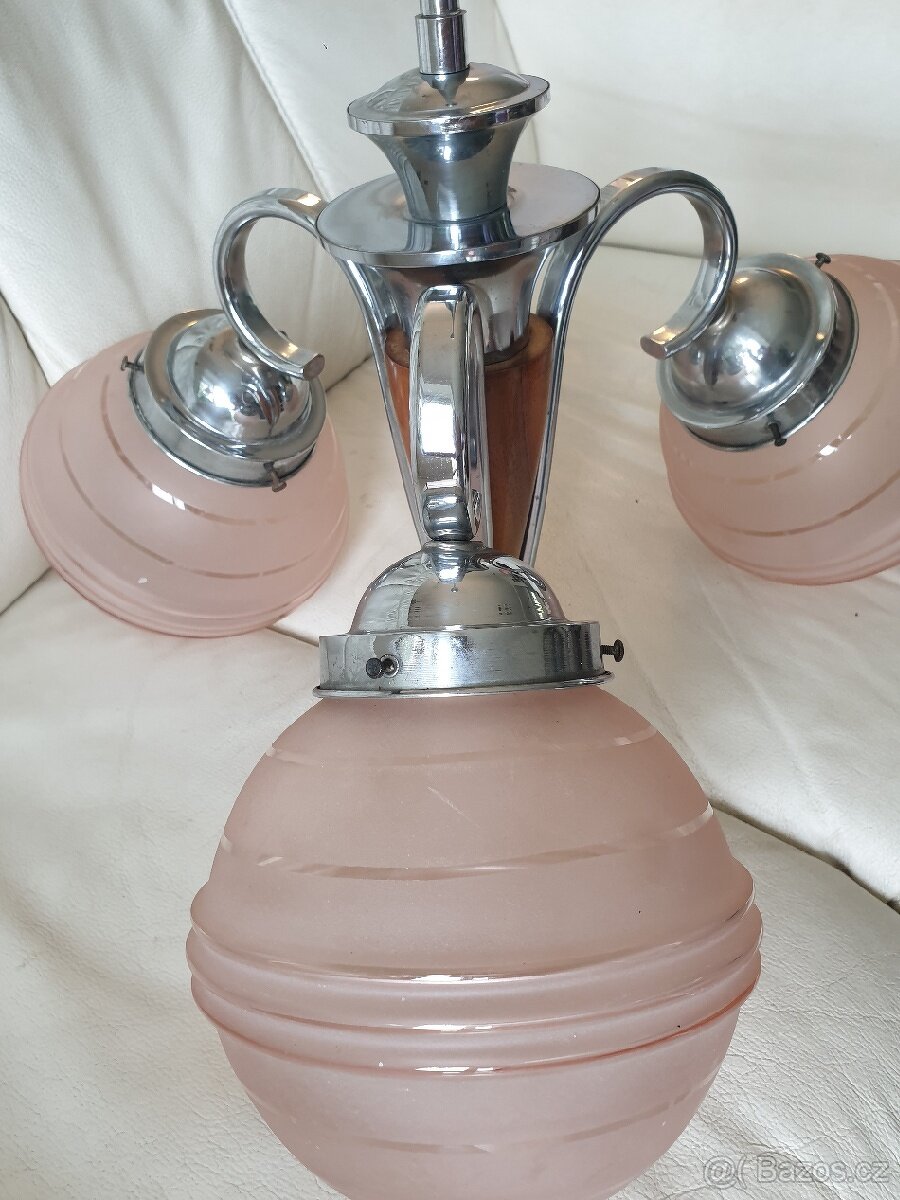 Starožitný lustr art deco na tyči dřevěná část růž - 6