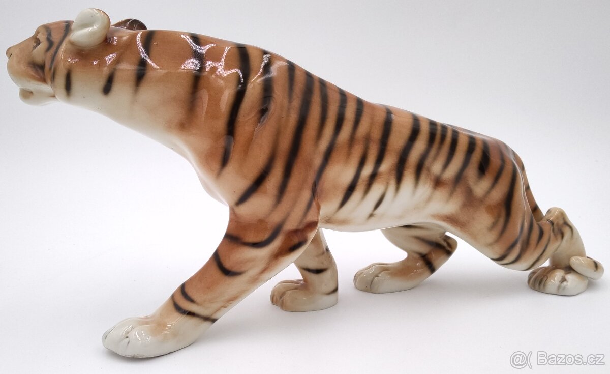 Krásný starý porcelánový tygr, Royal Dux, cca 39 cm - 6