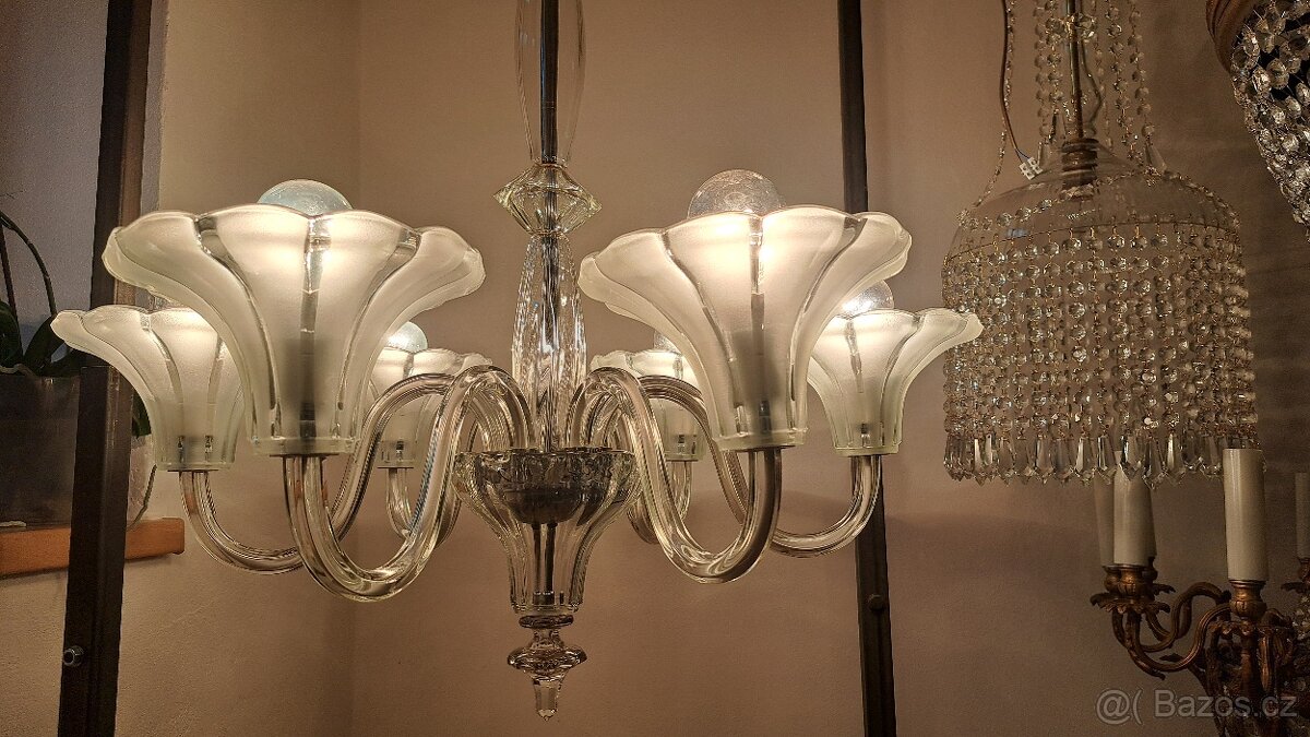 Art Deko, starožitný celoskleněný lustr, osvětlení - 6