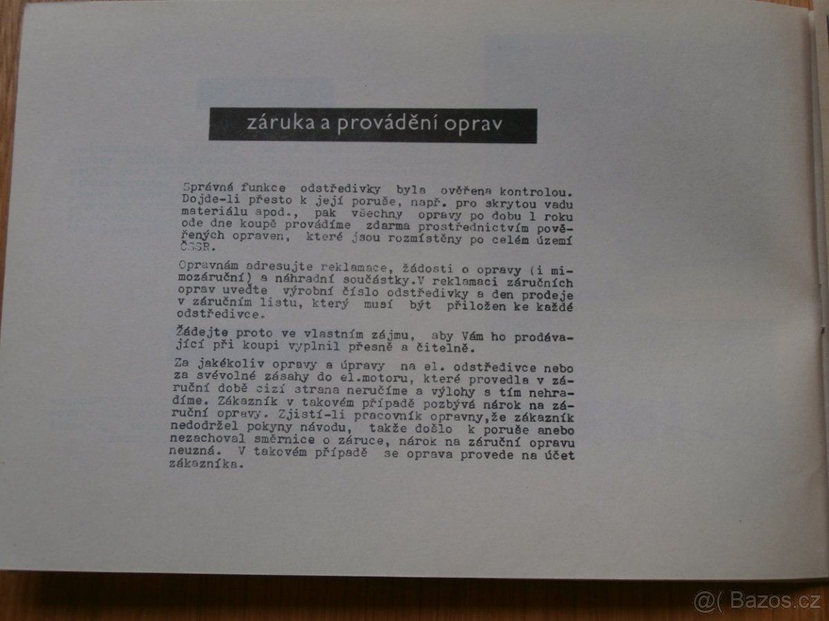 Návod, účet a záruční list na odstředivka GIROMA C 150. 1970 - 6