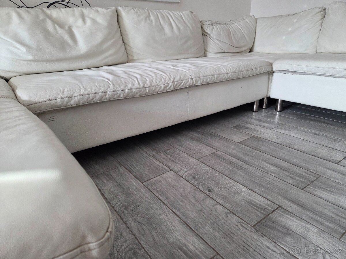 Gauč do U, sedací souprava do U, bily, kožený, - 6
