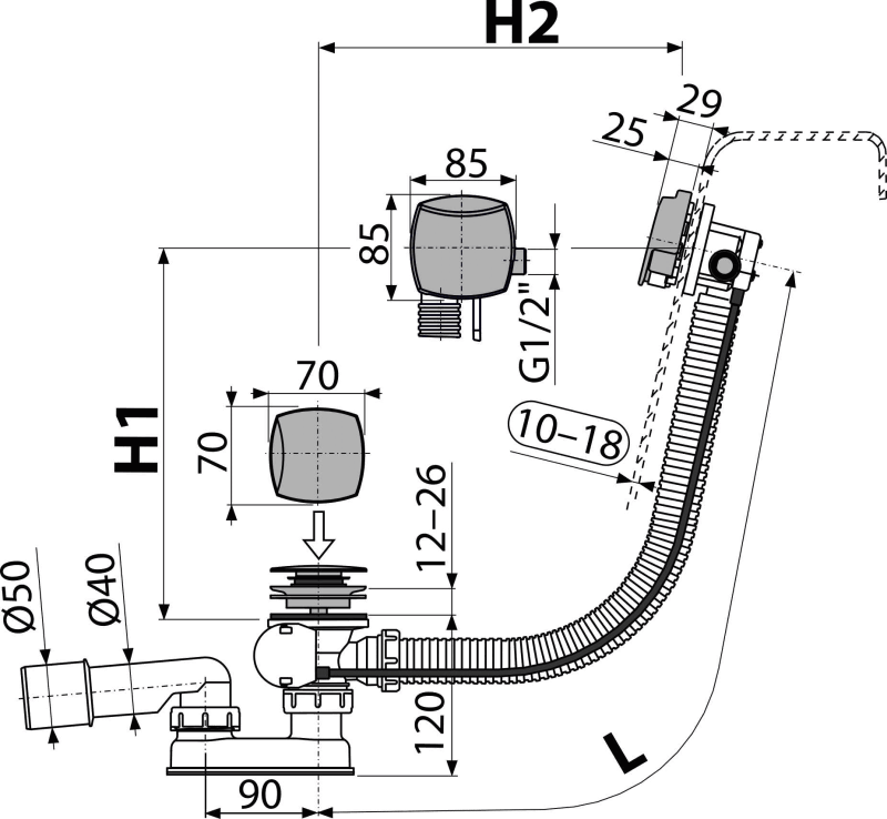 ALCAPLAST - Sifon vanový napouštěcí 60cm chrom/kov - 6