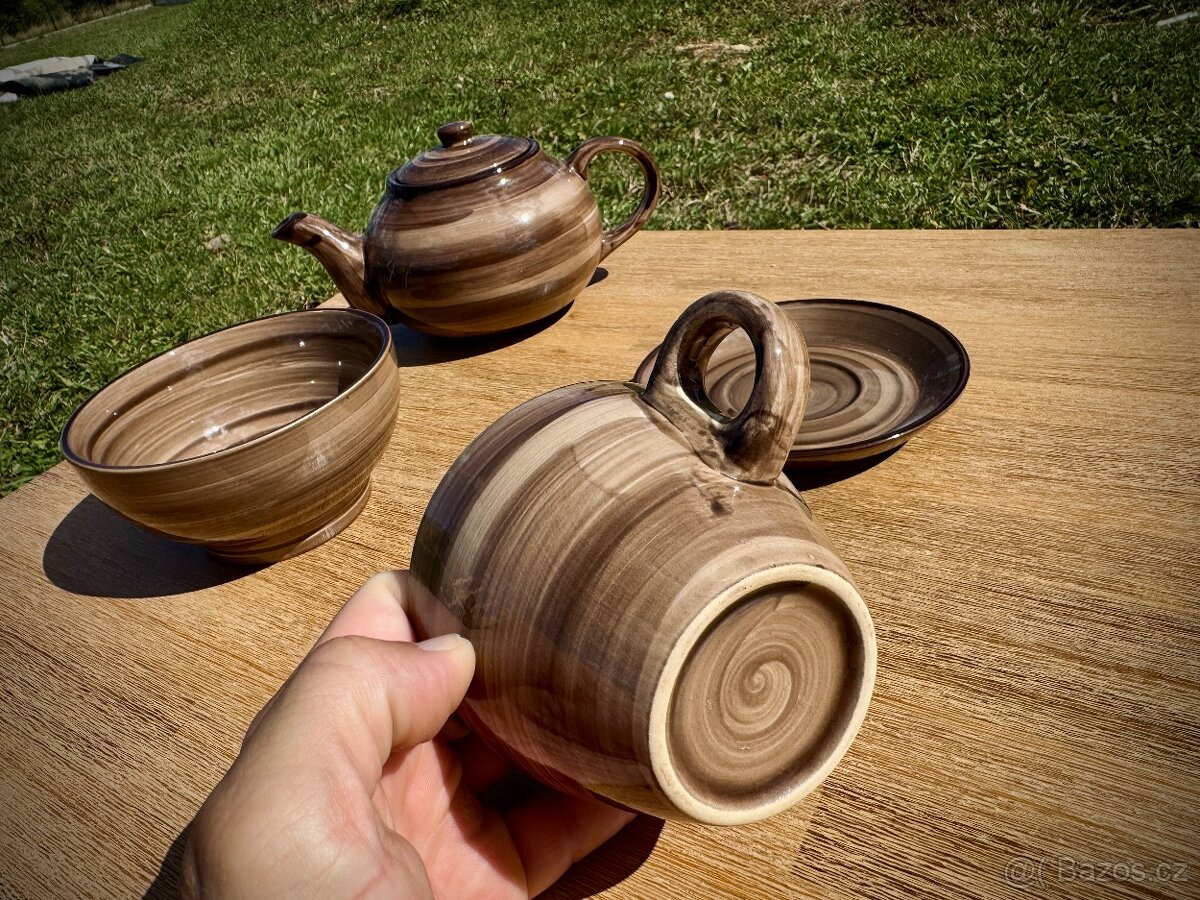 Keramická čajová souprava – točená hnědá glazura - 6