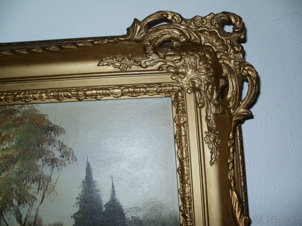 Ručně malovaný starý obraz v rámu. - 6