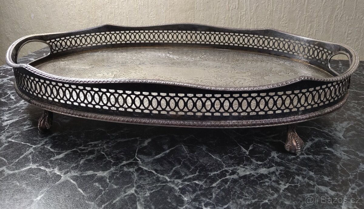 ALPAKA Starožitný okrasný oválný tác. 883g, 36cm x 24cm - 6