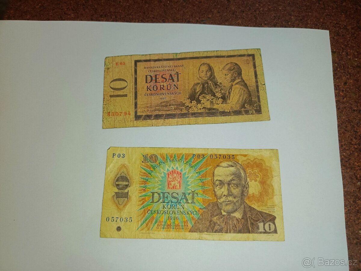 Bankovky Československo - 2 x 100 kčs,10 kčs,10 kčs a 500 kč - 6