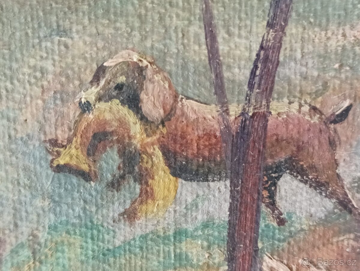 OBRAZ OLEJ NA KARTONU LOVECKÝ MOTIV SIGNATURA NEČITELNÁ - 6