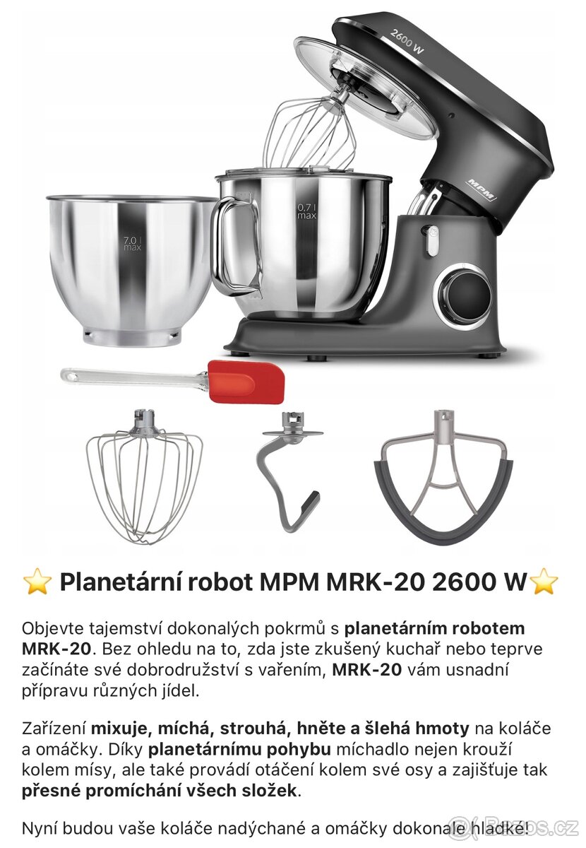 Kuchyňský planetární robot 2 misky v sadě MPM MRK-20 2600 W - 6