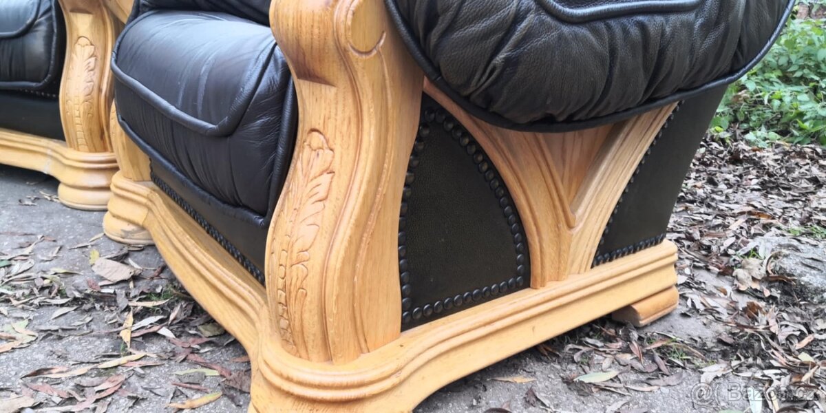 Kožená sedací souprava 3+1+1 s masivnim dubovým dřevem - 6