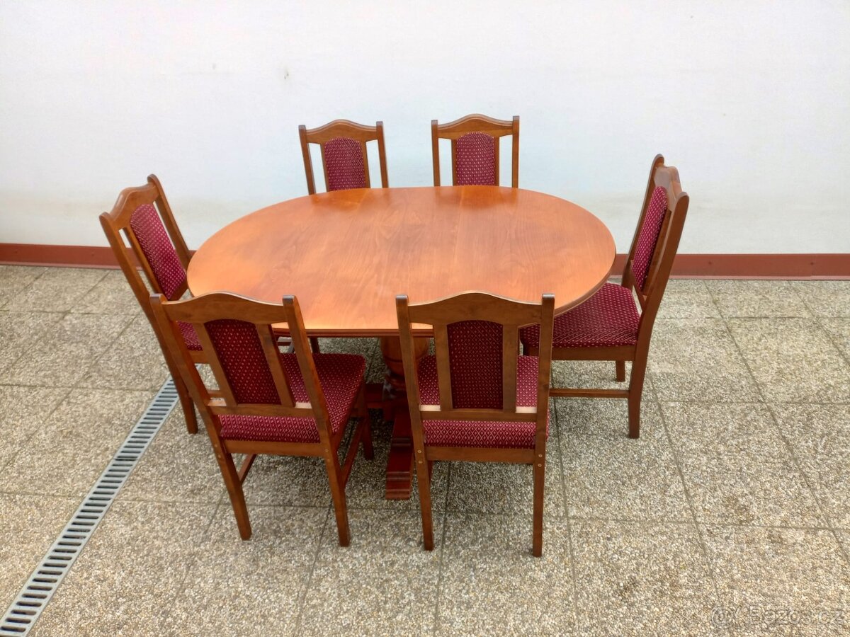 Rustikální jídelní set, rozkládací stůl, 6 židlí, masív - 6