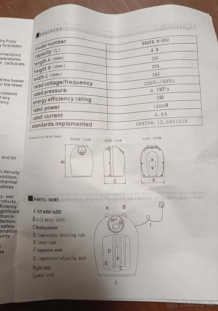 elektrický bojler 6,8L - 6