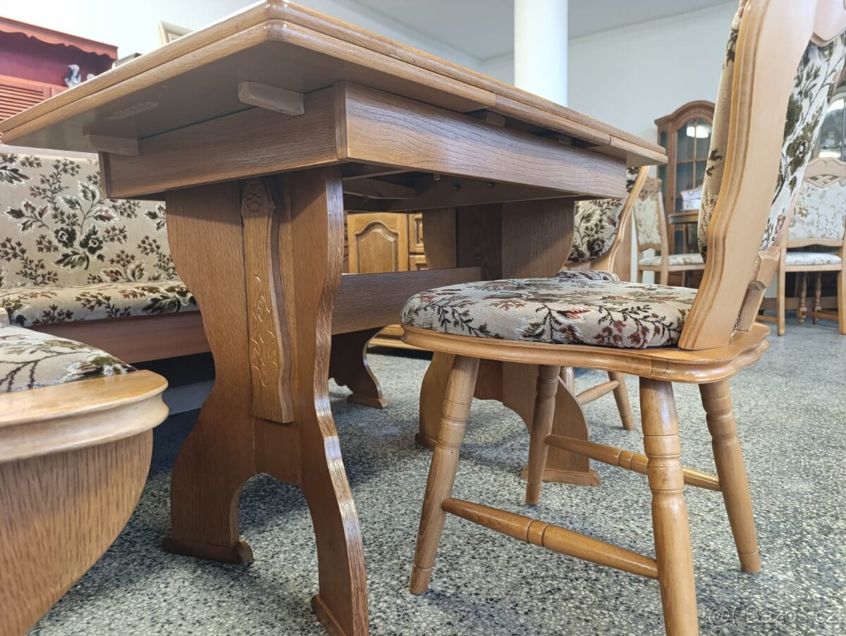 Rustikální jídelní set, stůl, 2 židle, lavice, masív - 6