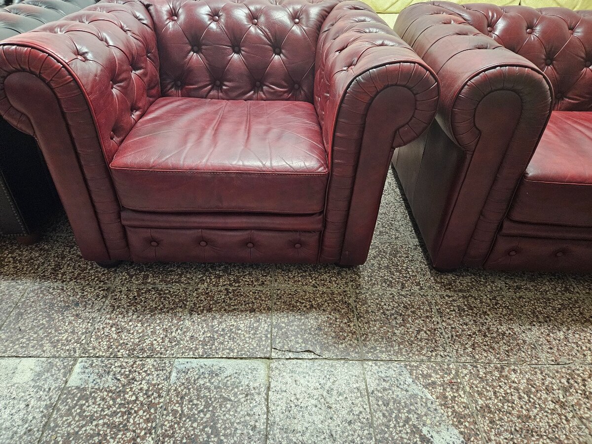 CHESTERFIELD ŠTÝL,BORDOVOČERVENÁ KOŽENÁ SEDAČKA 3+1+1 - 6