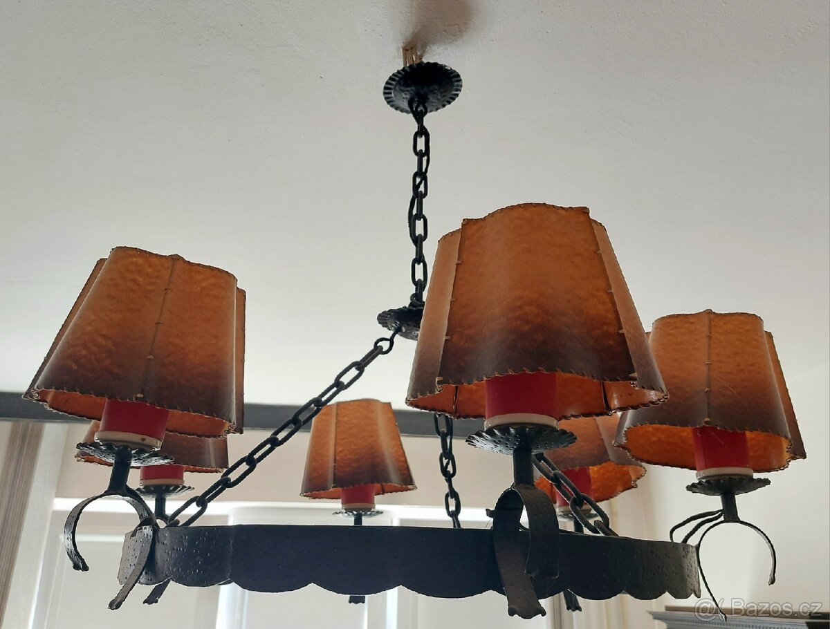 Starožitný originál kovový lustr + 2 lampičky, ruční práce - 6