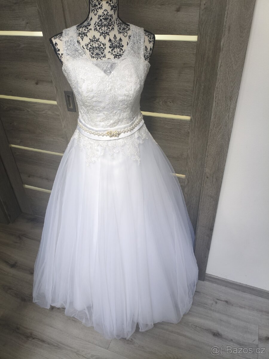 Krajkovo-tylové svatební šaty 36/38/40 - 6