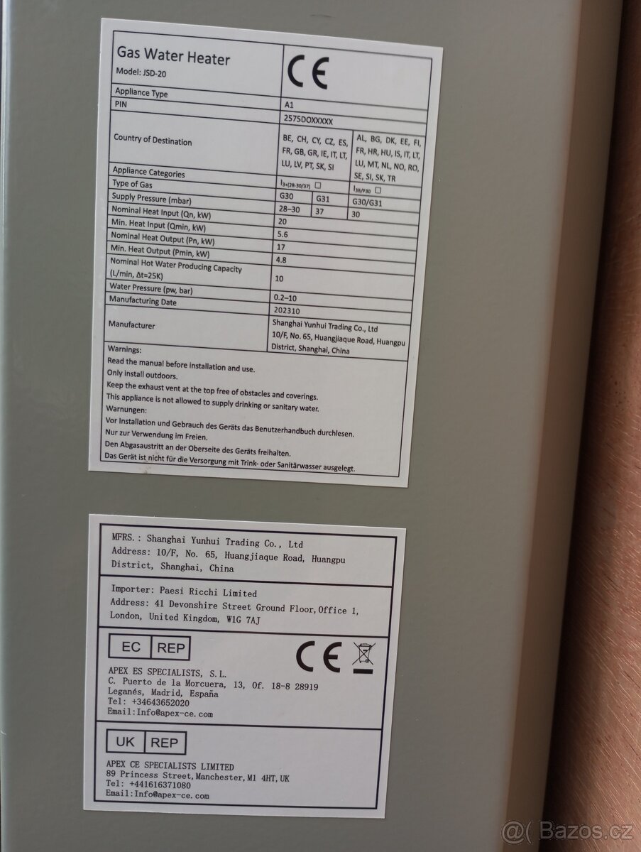 propan butan LPG karma, průtokový ohřívač, 8 až 20 litrů/min - 6