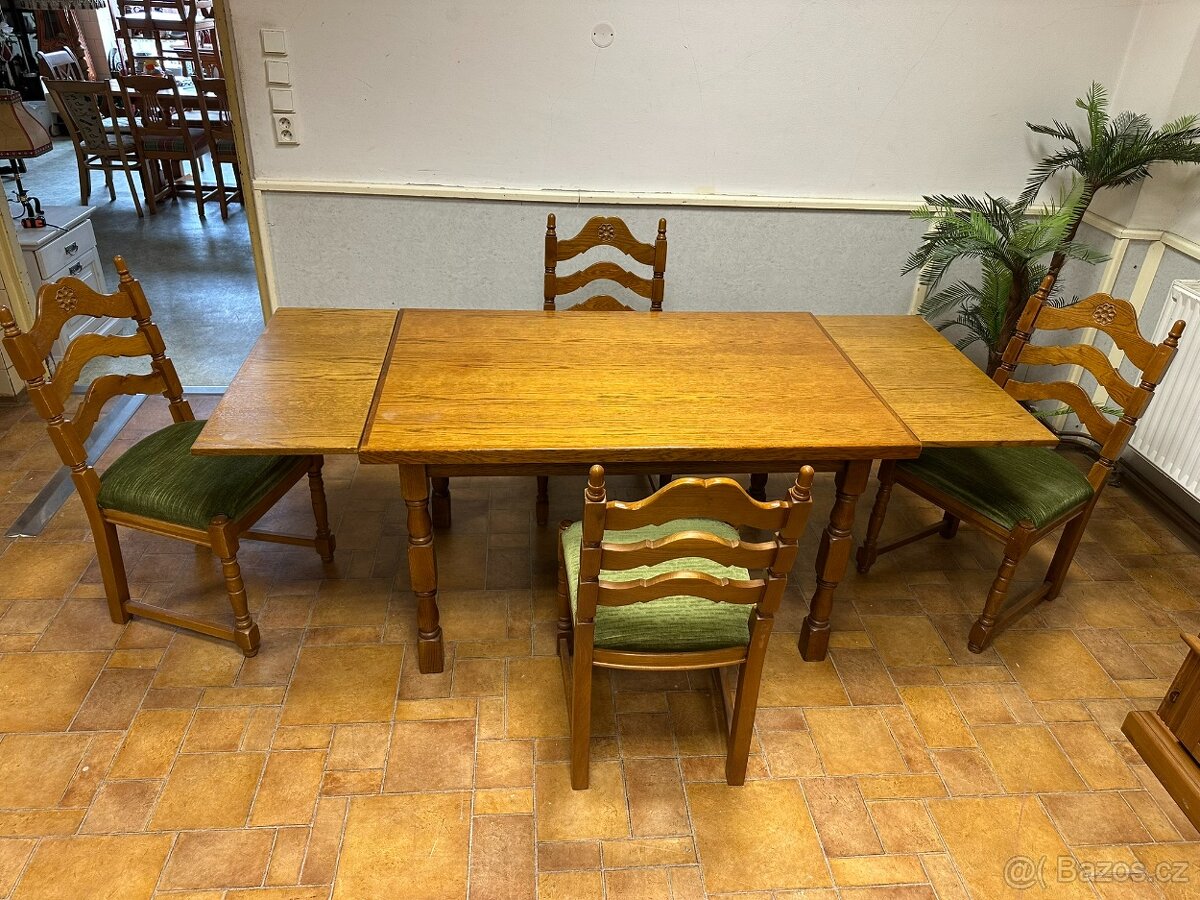 Rustikální jídelní set. Rozkládací stůl + 4 židle. - 6