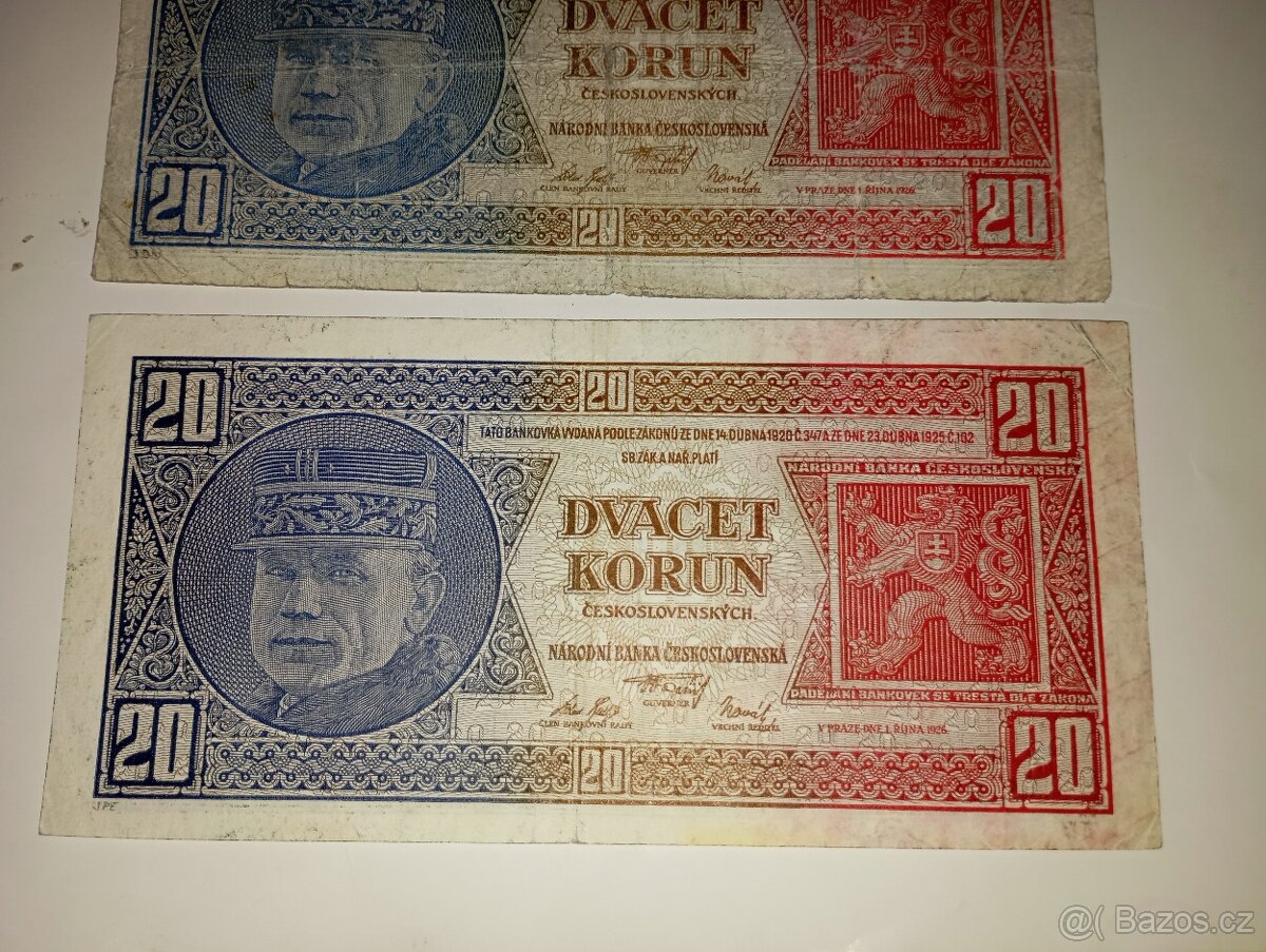 BANKOVKY 20 KČS 1926, NEPERFOROVANÉ, RŮZNÉ SÉRIE - 6
