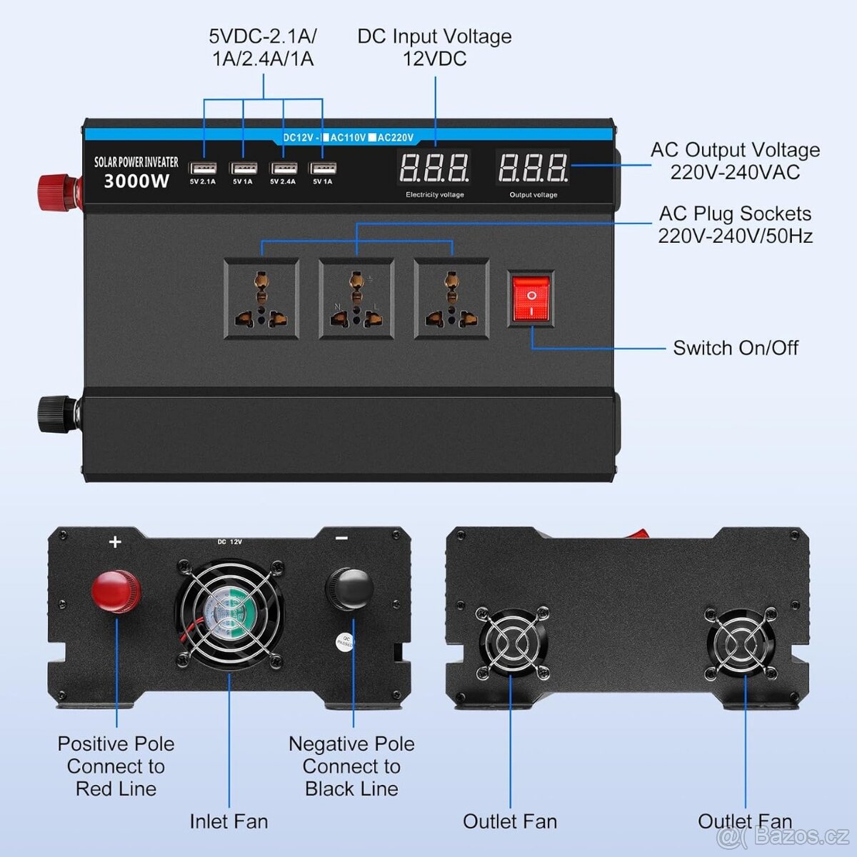 Měnič napětí 1500W/3000W měnič 12V na 240V modif. sinus - 6