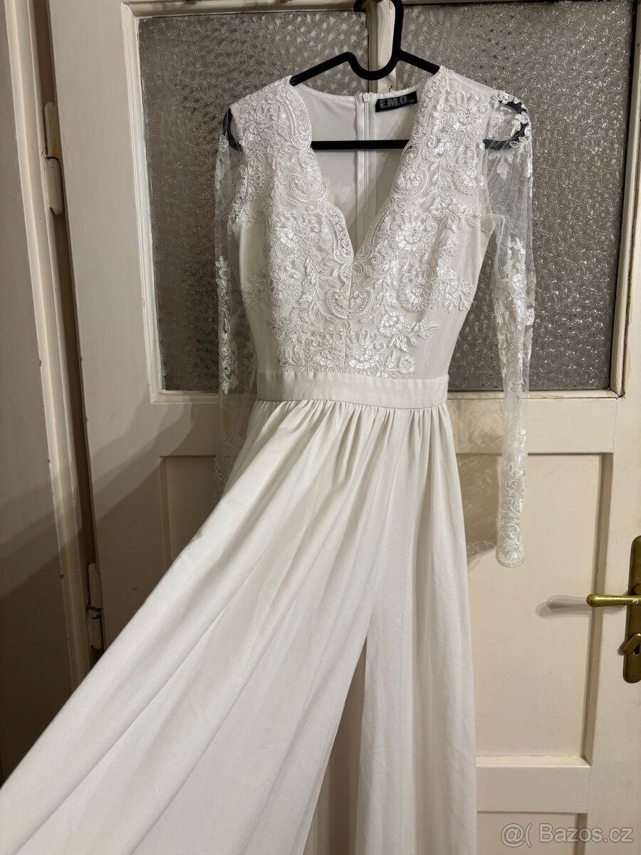 Svatební šaty – bílé krajkové s rozparkem, vel. XS - 6