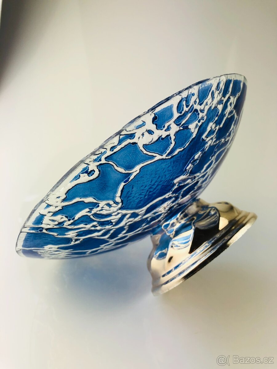 Modrá skleněná umělecká mísa na kovovém podstavci (NP012) - 6