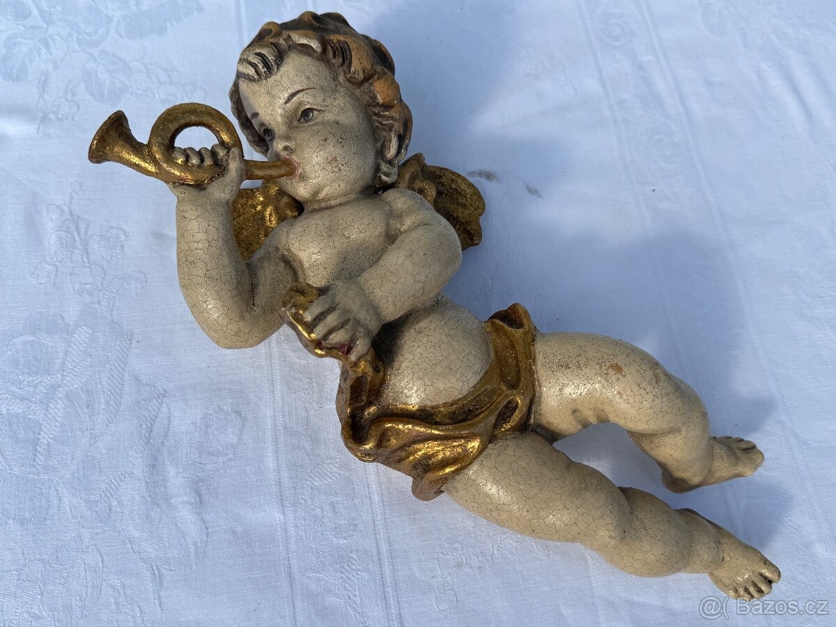 Dřevěná XXL socha anděla v páru polychromie 31cm - 6