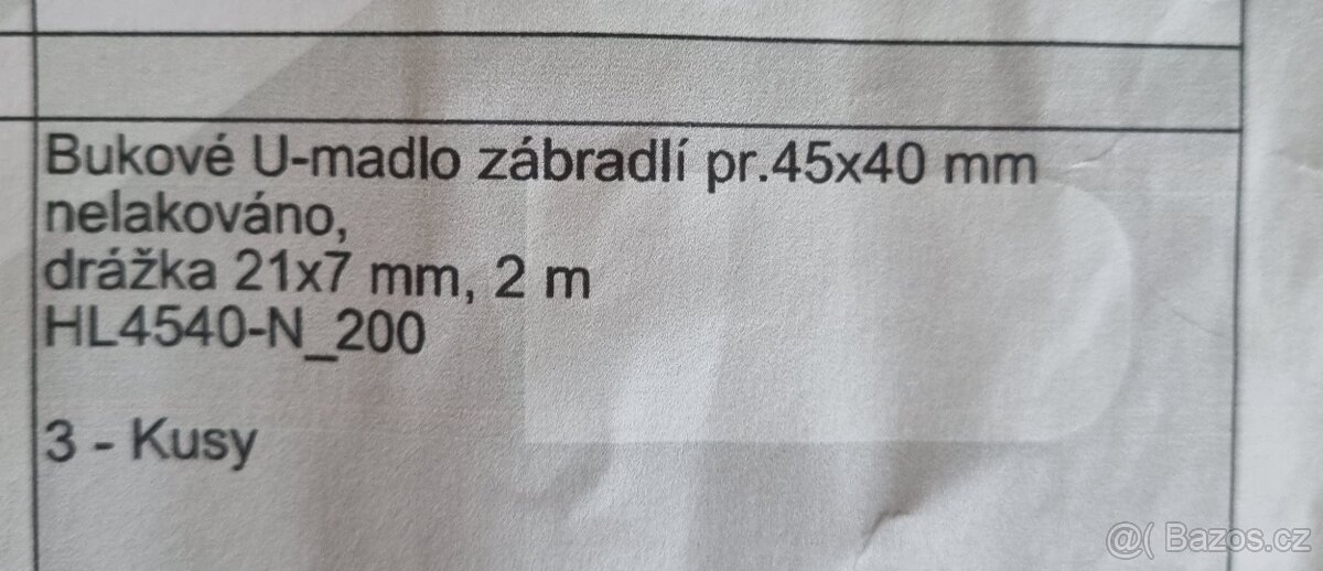Bukové U-madlo zábradlí 2m - 3ks - 6