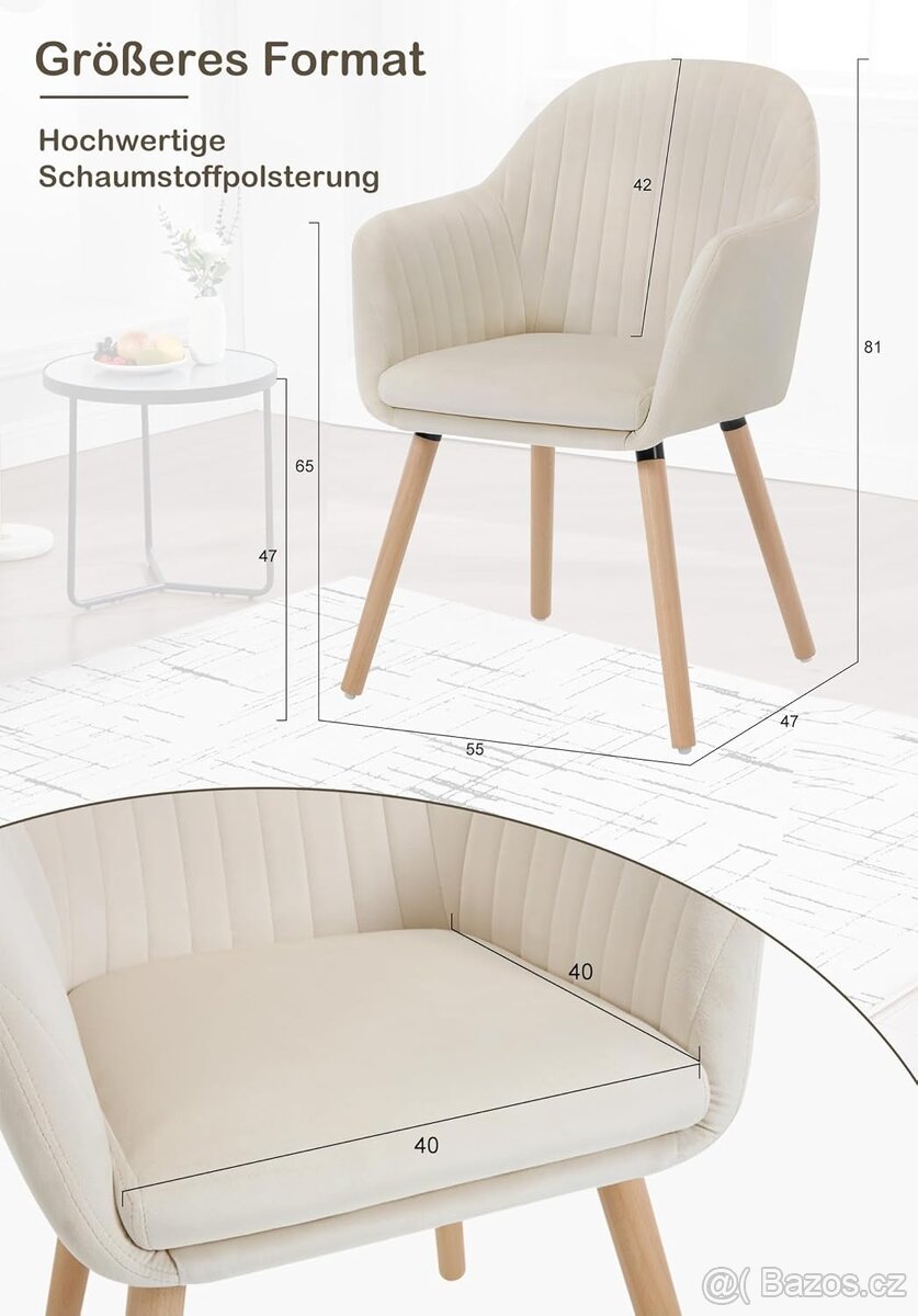 Nové jídelní křesílka, krémové, velur, nohy dřevo, 4 kusy - 6