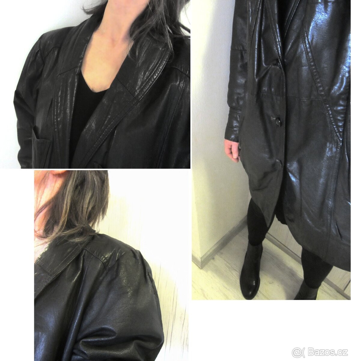 Vintage dlouhá černá kožená dámská bunda / kabát - 6